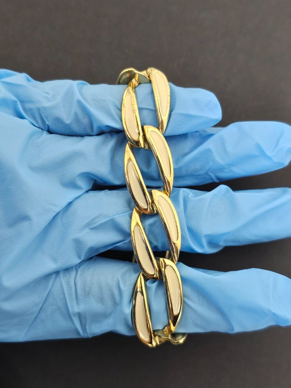 Vintage Cream White Enamel Gold Tone Bracelet Oval Open Chain Link‎ MCM 1960s - Picture 10 of 11
